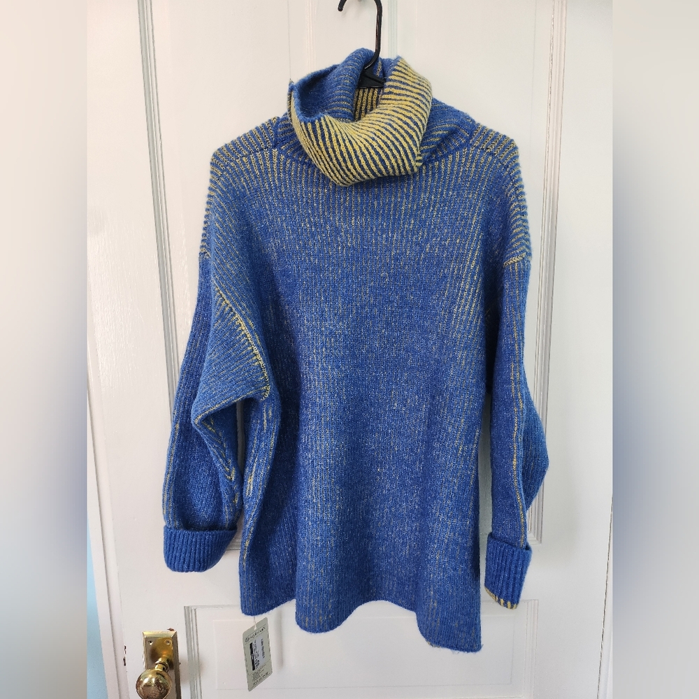 Blue and Yellow Women's High Neck Contrast Sweater